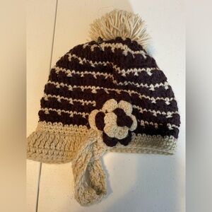 Girls Winter Crocheted Knit Brim Hat Brown & Tan Chin Strap PomPom